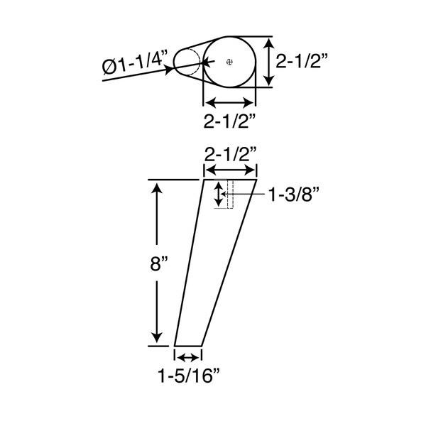 8in H x 2-1/2in Top x 1-5/16in Base | Furniture Leg