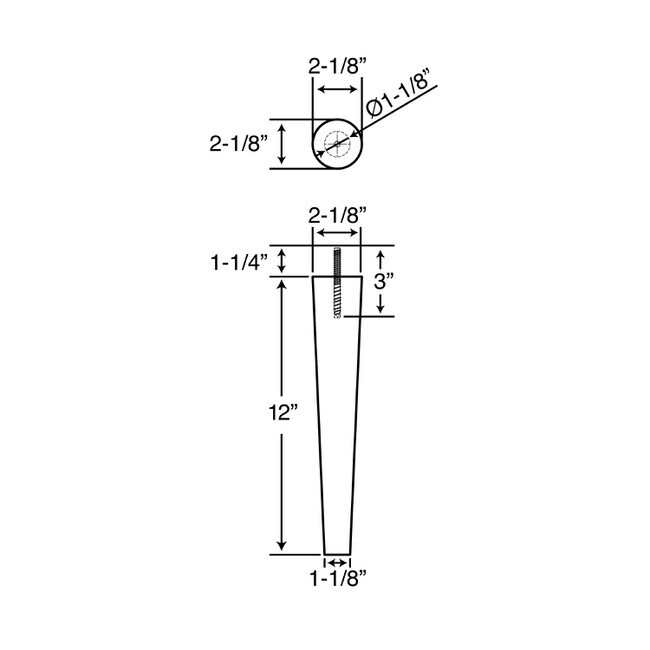 12in H x 2-1/8in Top x 1-1/8in Base | Furniture Leg