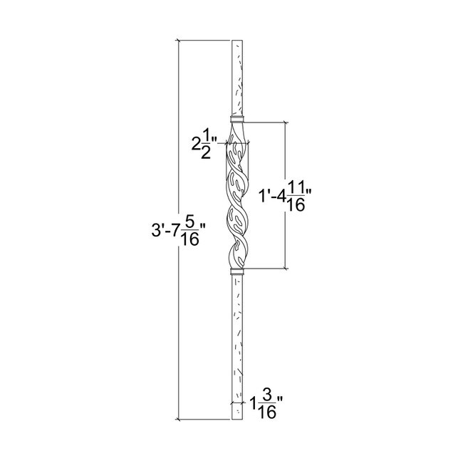 1-3/16 Square x 43-1/4" H x 11-1/2" Wrought Iron Newel Post-12-1/2" Twist